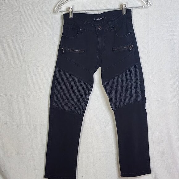 Reset Moto Black Straight Leg Zip Pocket Detail Cotton Span Stretch Jeans Sz 10 - Picture 1 of 16